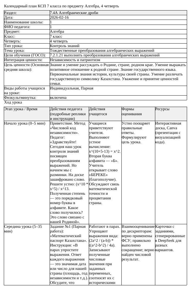КСП Алгебра 7 класс 4 четверть Тождественные преобразования алгебраических (урок 3)
