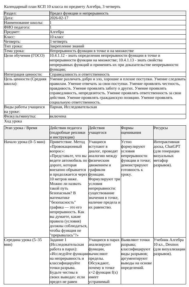 КСП Алгебра 10 класс 3 четверть Непрерывность функции в точке и