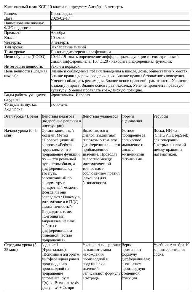 КСП Алгебра 10 класс 3 четверть Понятие дифференциала функции (урок 1)