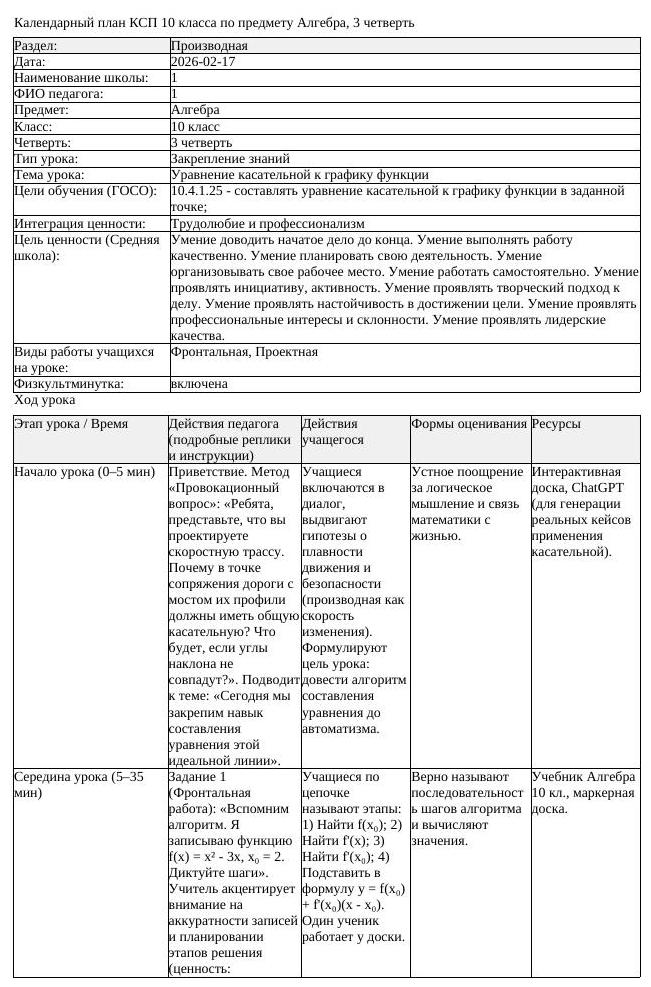 КСП Алгебра 10 класс 3 четверть Уравнение касательной к графику (урок 1)
