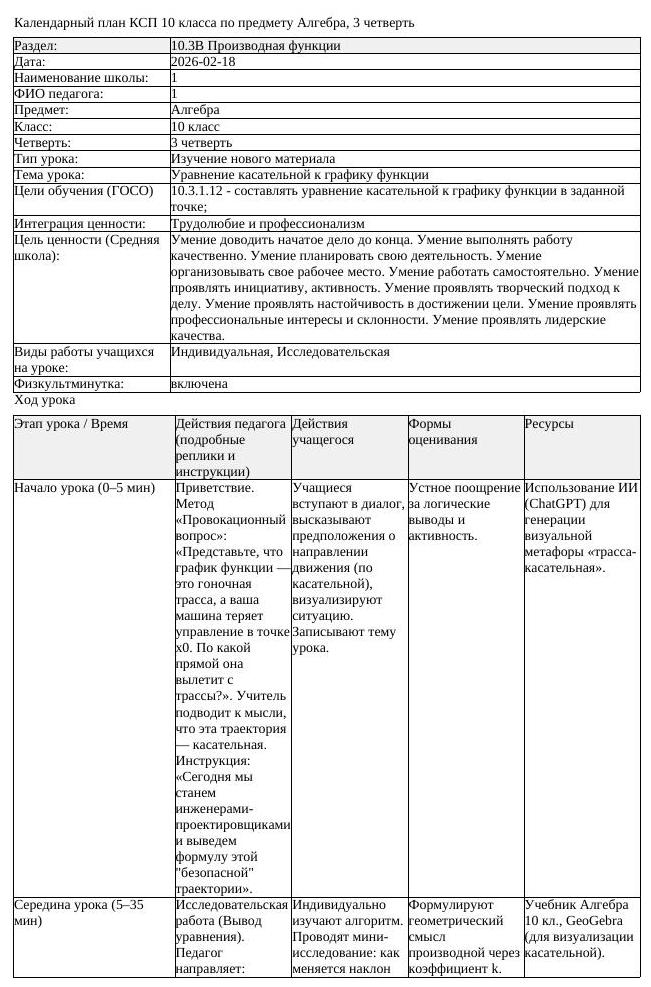 КСП Алгебра 10 класс 3 четверть Уравнение касательной к графику (урок 2)
