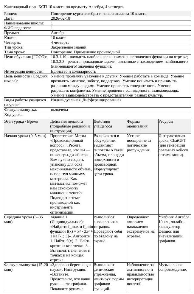 КСП Алгебра 10 класс 4 четверть Повторение Применение производной (урок 2)