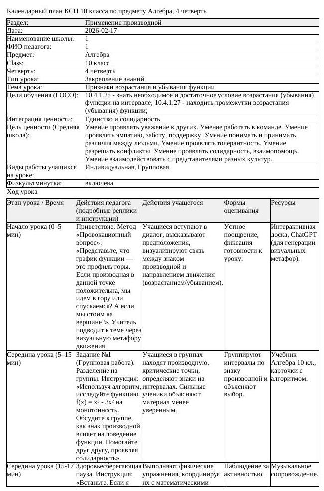 КСП Алгебра 10 класс 4 четверть Признаки возрастания и убывания