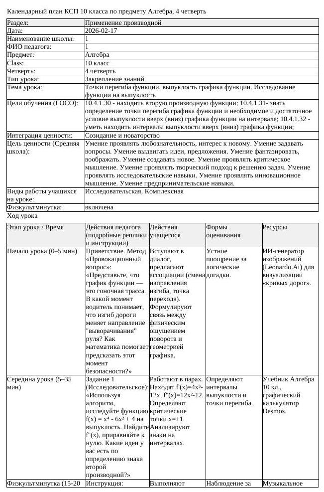 КСП Алгебра 10 класс 4 четверть Точки перегиба функции выпуклость (урок 2)