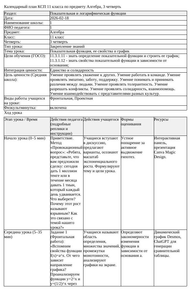 КСП Алгебра 11 класс 3 четверть Показательная функция ее свойства (урок 2)