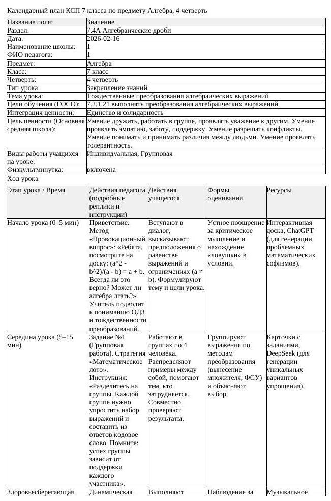 КСП Алгебра 7 класс 4 четверть Тождественные преобразования алгебраических (урок 4)