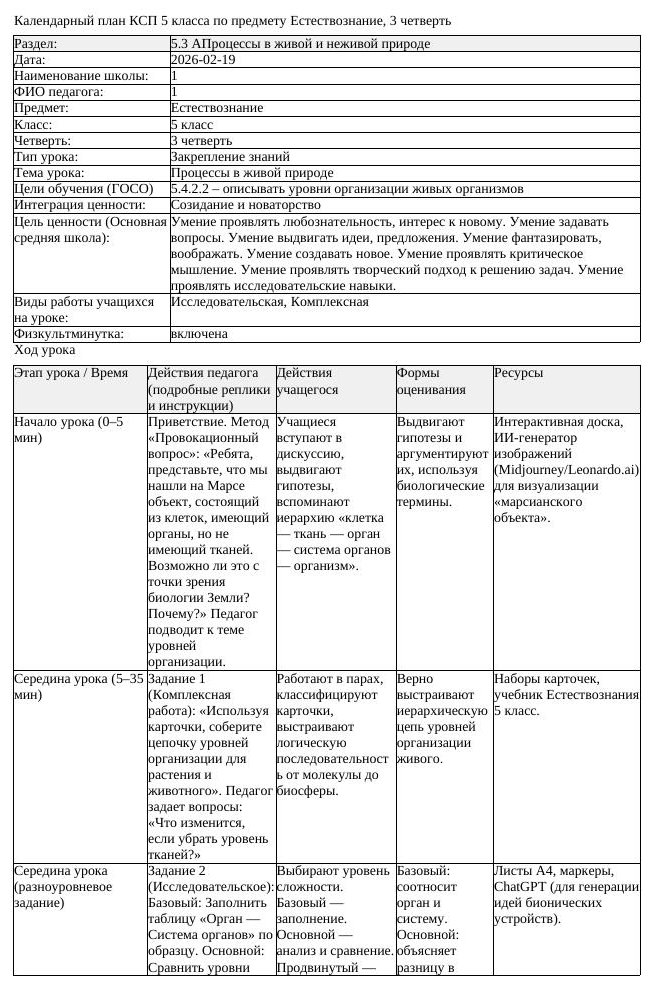 КСП Естествознание 5 класс 3 четверть Процессы в живой природе (урок 4)