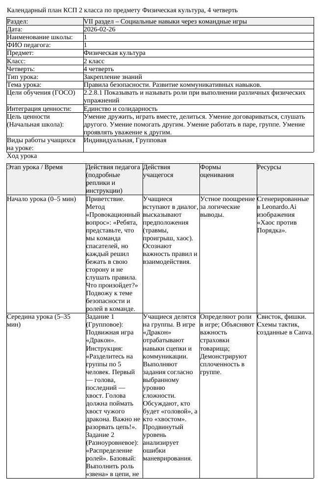 КСП Физическая культура 2 класс 4 четверть Правила безопасности