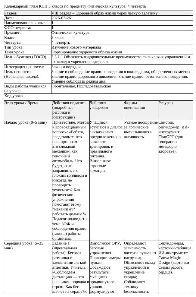 КСП Физическая культура 3 класс 4 четверть Формирование здорового (урок 1)