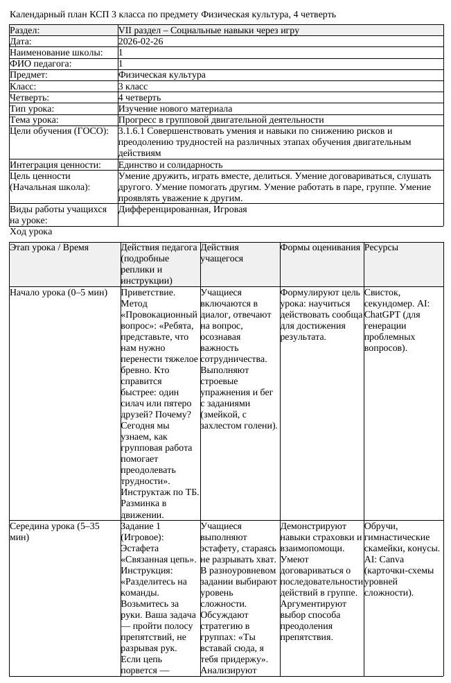 КСП Физическая культура 3 класс 4 четверть Прогресс в групповой