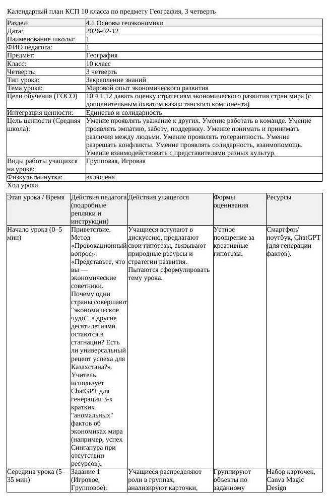КСП География 10 класс 3 четверть Мировой опыт экономического развития (урок 1)