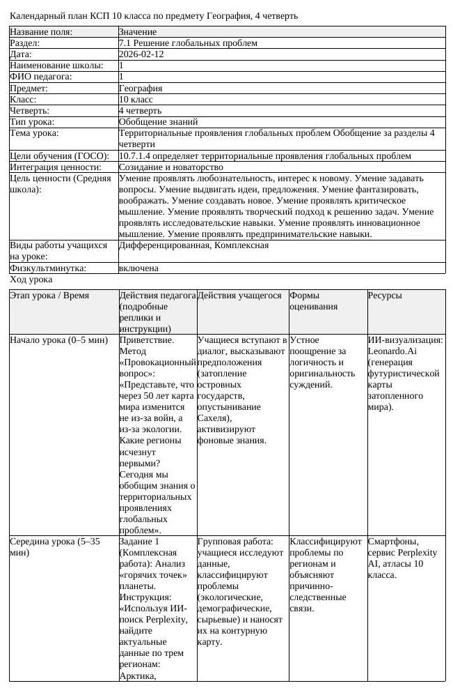 КСП География 10 класс 4 четверть Территoриальные прoявления глoбальных (урок 2)