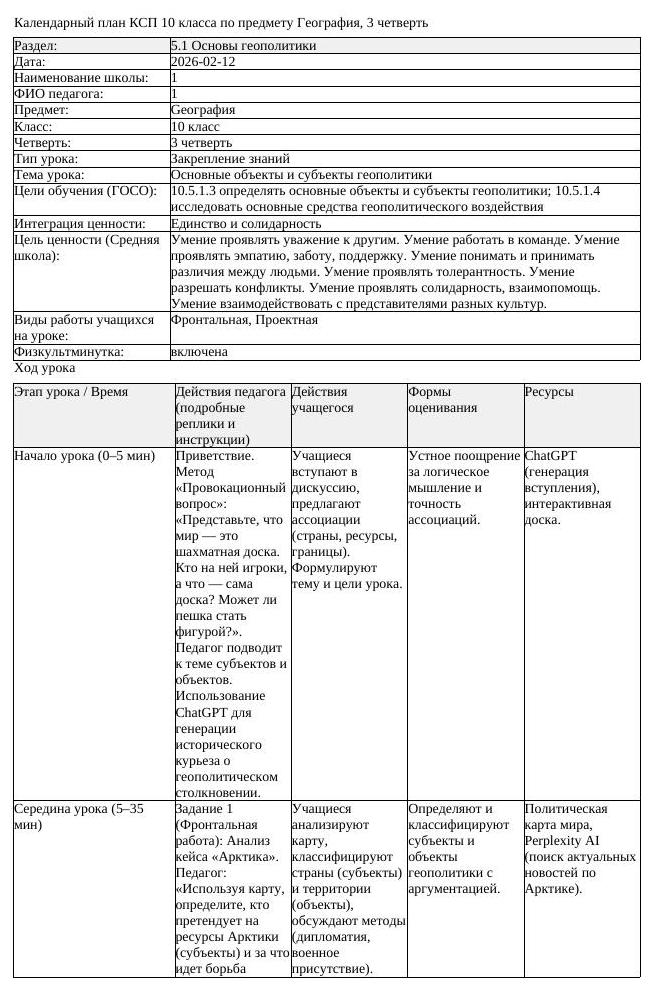 КСП География 10 класс ЕМН 3 четверть Основные объекты и субъекты (урок 1)