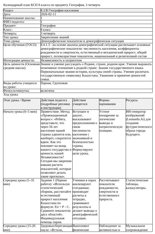КСП География 8 класс 3 четверть Демографические показатели и демографическа (урок 1)