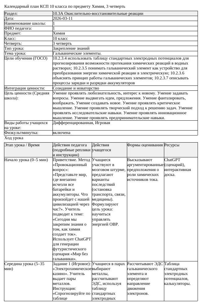 КСП Химия 10 класс 3 четверть Гальванические элементы docx (урок 1)
