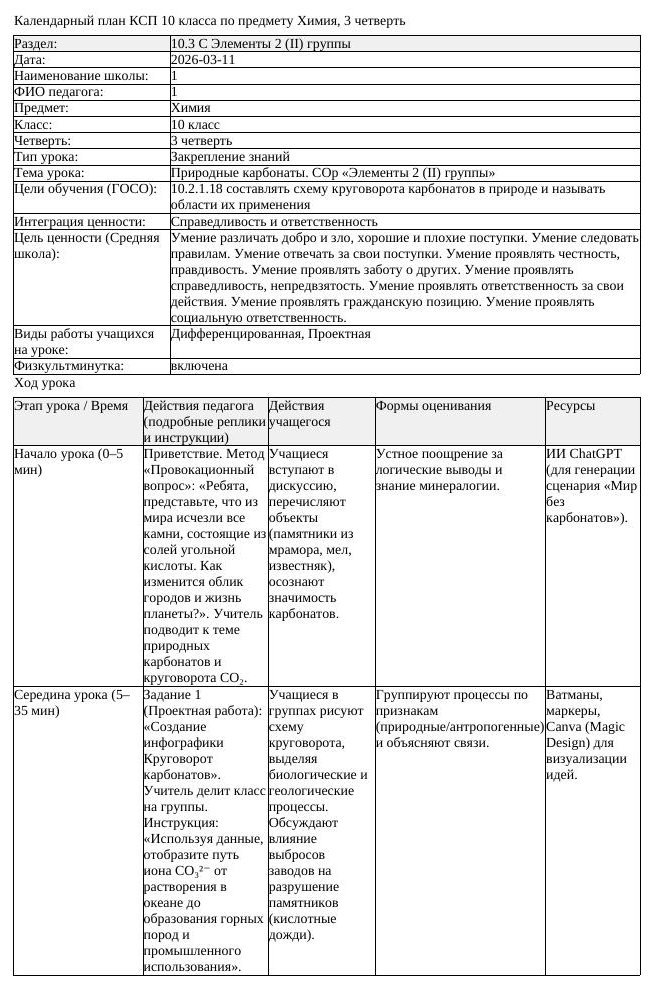 КСП Химия 10 класс 3 четверть Природные карбонаты СОр Элементы 2