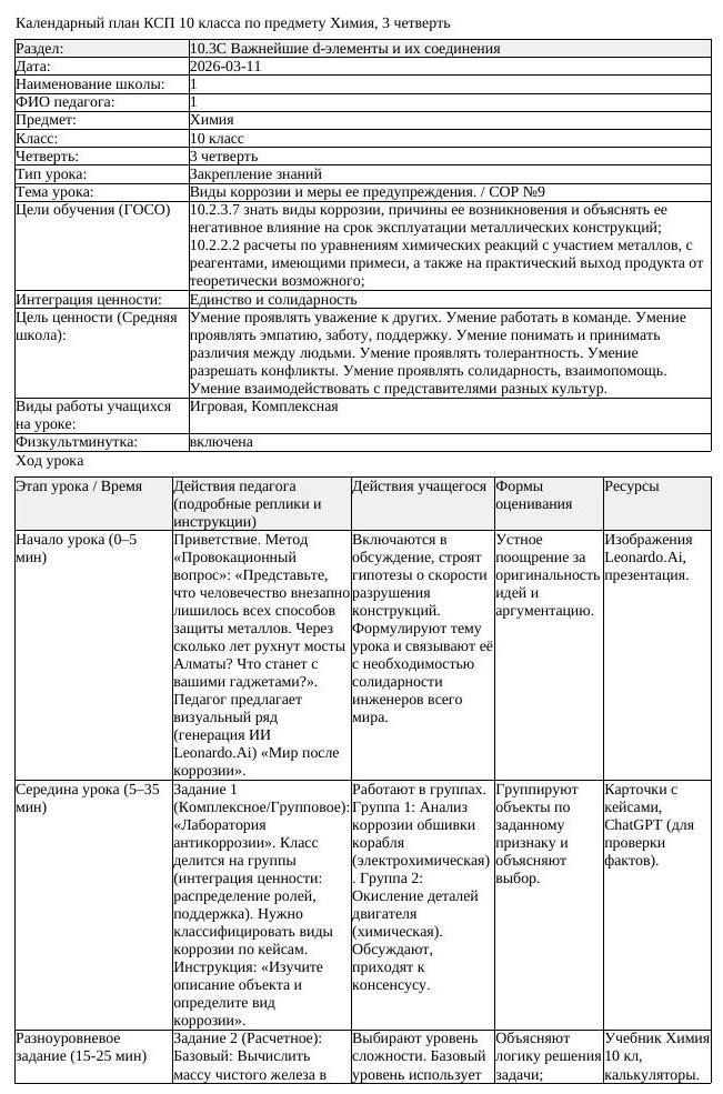 КСП Химия 10 класс 3 четверть Виды коррозии и меры ее предупреждения (урок 1)