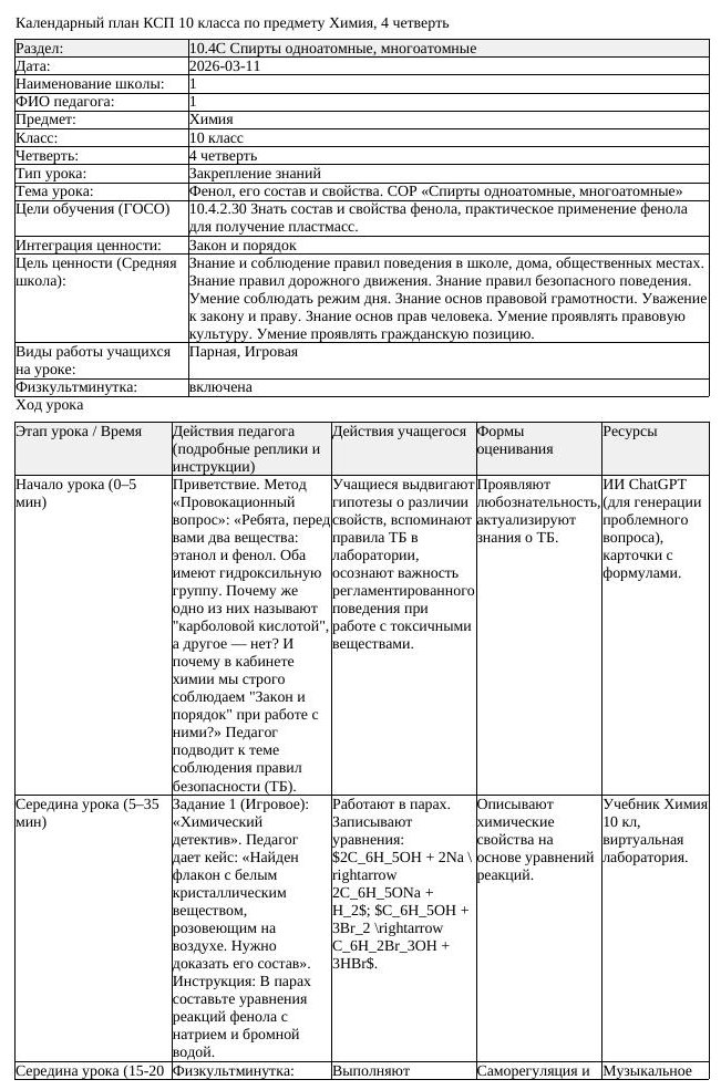 КСП Химия 10 класс 4 четверть Фенол его состав и свойства СОР Спирты