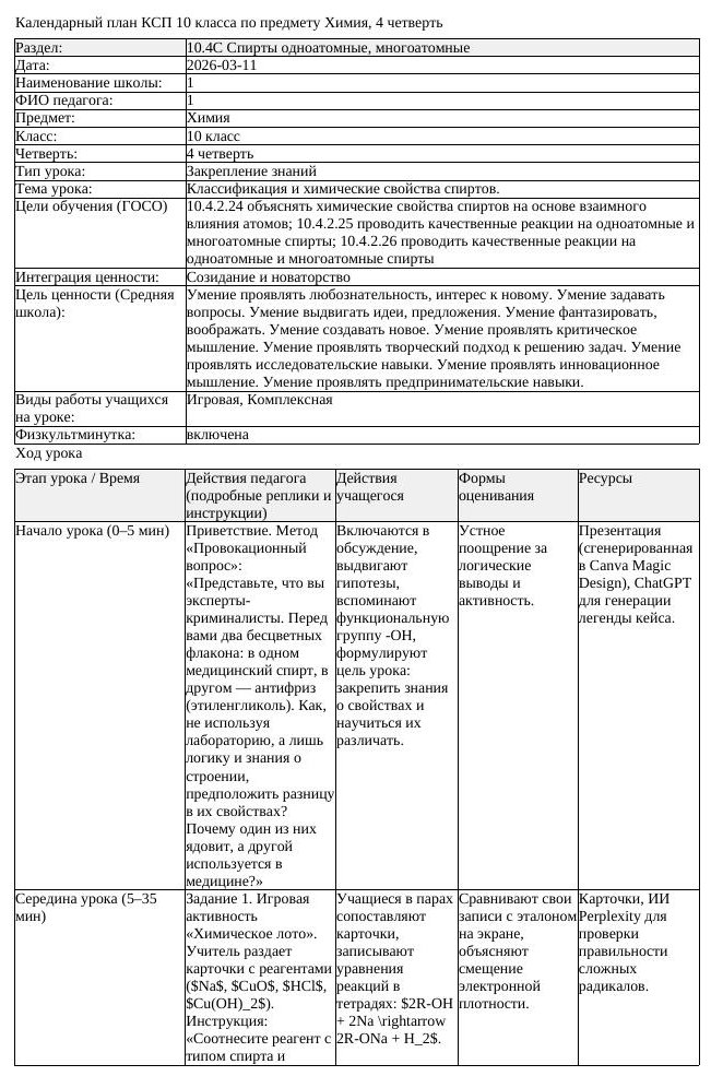 КСП Химия 10 класс 4 четверть Классификация и химические свойства (урок 1)