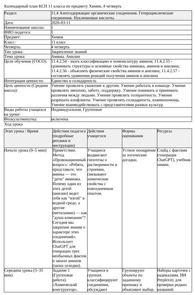КСП Химия 11 класс 4 четверть Амины Анилин docx (урок 1)