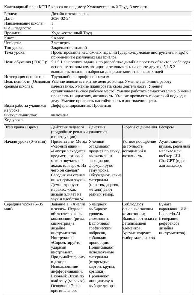 КСП Художественный Труд 5 класс 3 четверть Проектирование несложных (урок 2)