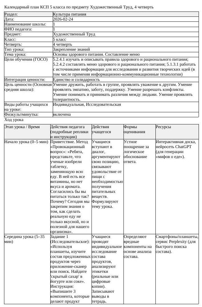 КСП Художественный Труд 5 класс 4 четверть Основы здорового питания (урок 2)