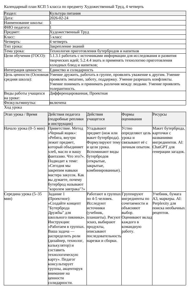 КСП Художественный Труд 5 класс 4 четверть Технология приготовления (урок 2)