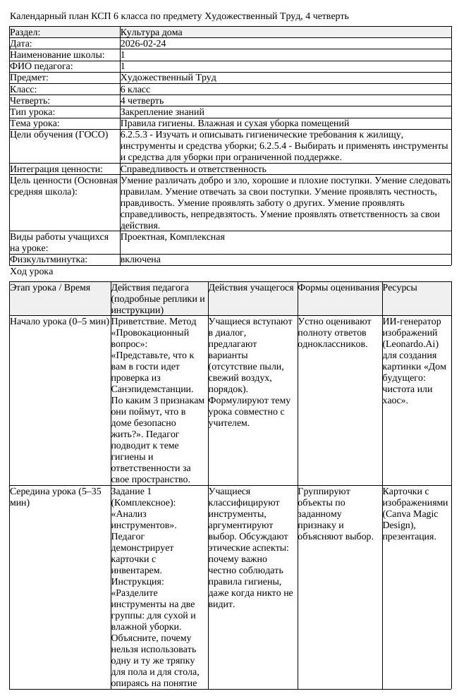 КСП Художественный Труд 6 класс 4 четверть Правила гигиены Влажная (урок 1)