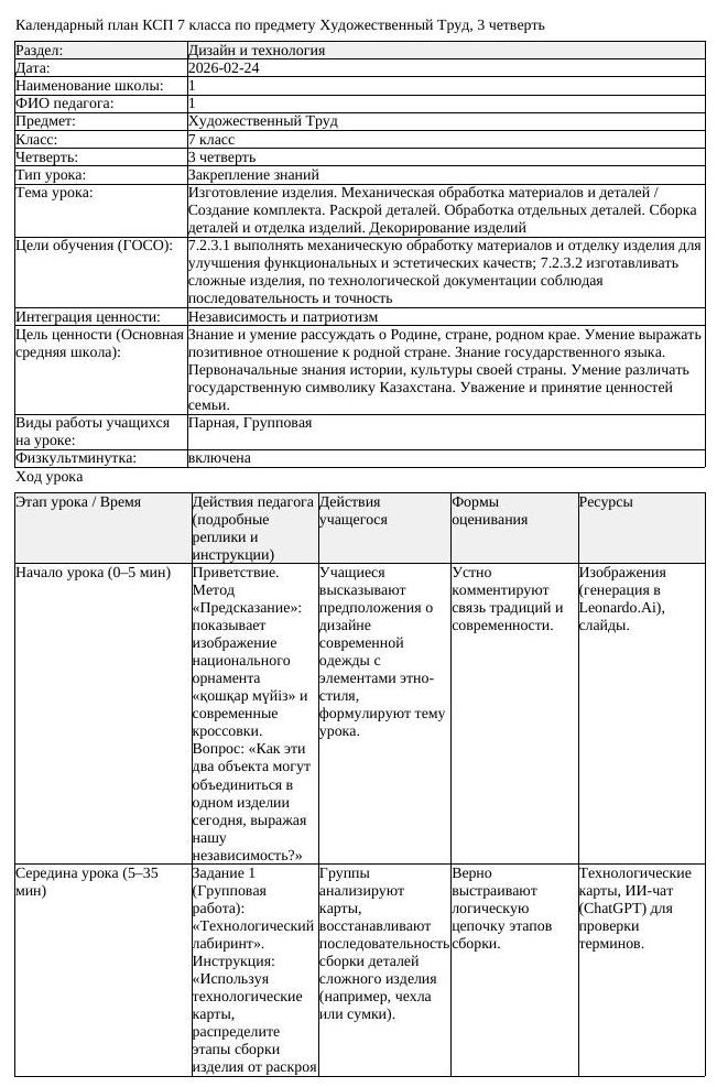 КСП Художественный Труд 7 класс 3 четверть Изготовление изделия (урок 1)