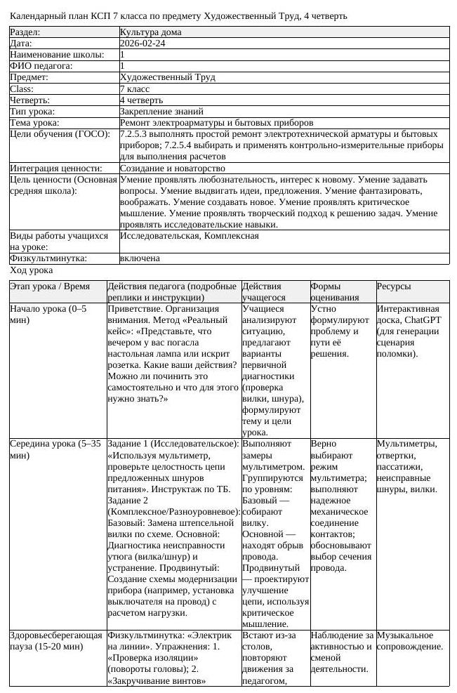 КСП Художественный Труд 7 класс 4 четверть Ремонт электроарматуры (урок 1)