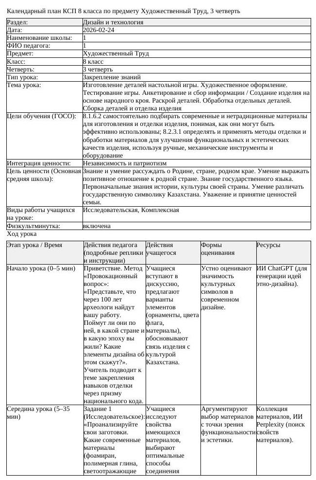 КСП Художественный Труд 8 класс 3 четверть Изготовление деталей (урок 1)