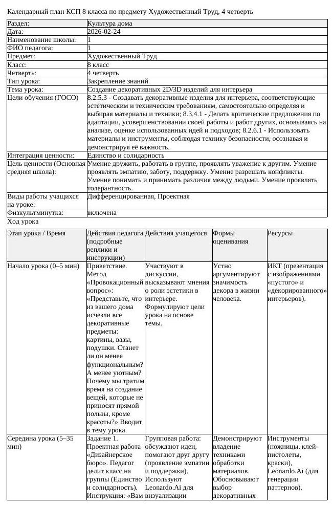 КСП Художественный Труд 8 класс 4 четверть Создание декоративных (урок 1)