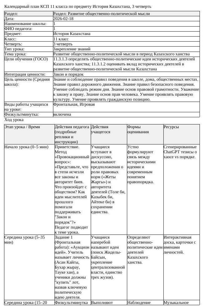КСП История Казахстана 11 класс 3 четверть Развитие общественно