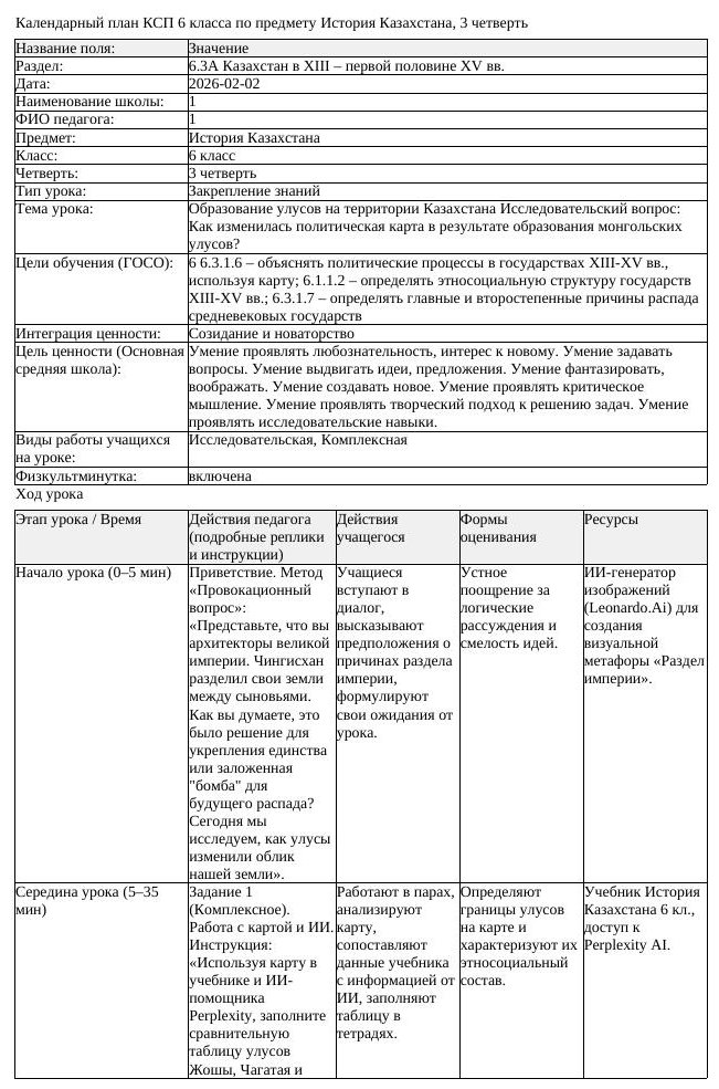 КСП История Казахстана 6 класс 3 четверть Образование улусов на территории (урок 1)