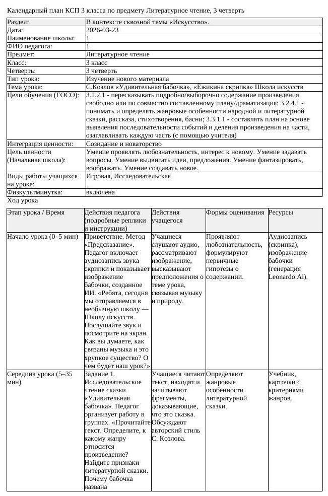 КСП Литературное чтение 3 класс 3 четверть С Козлов Удивительная (урок 2)