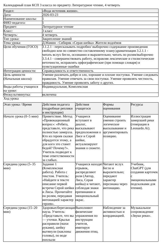 КСП Литературное чтение 3 класс 4 четверть Д Мамин Сибиряк Серая (урок 1)