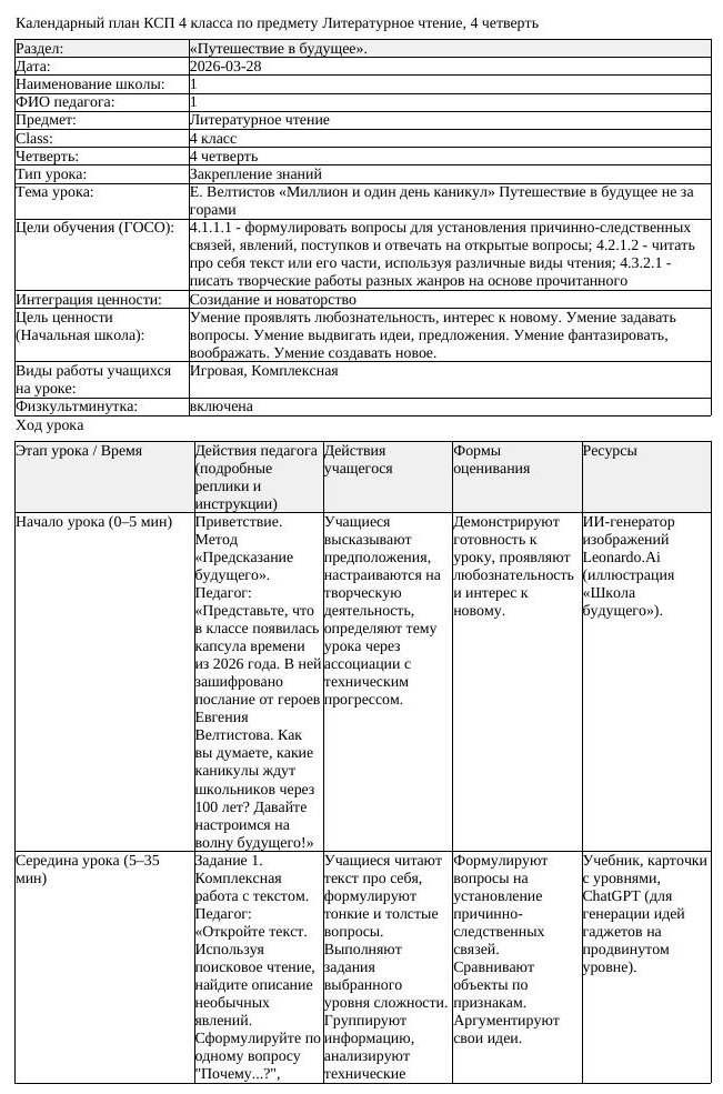 КСП Литературное чтение 4 класс 4 четверть Е Велтистов Миллион и (урок 1)