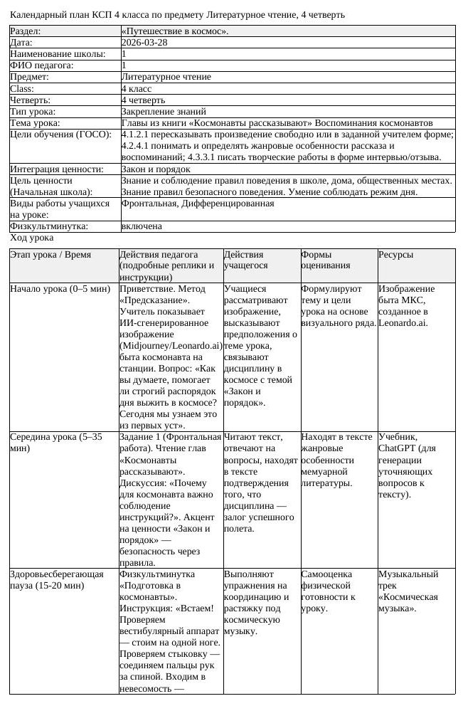 КСП Литературное чтение 4 класс 4 четверть Главы из книги Космонавты (урок 1)