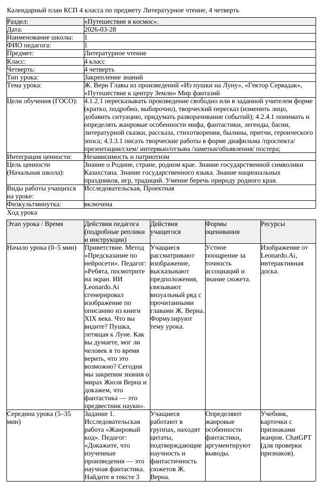 КСП Литературное чтение 4 класс 4 четверть Ж Верн Главы из произведений (урок 2)