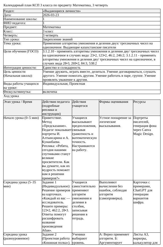КСП Математика 3 класс 3 четверть Применение алгоритма умножения (урок 1)