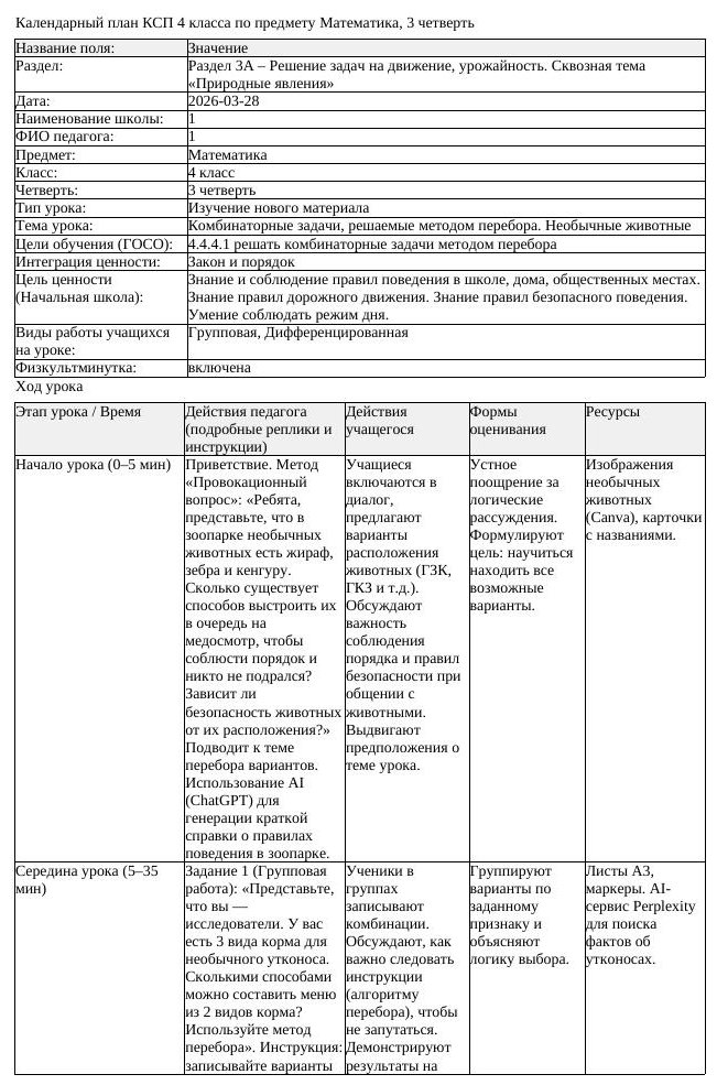 КСП Математика 4 класс 3 четверть Комбинаторные задачи решаемые