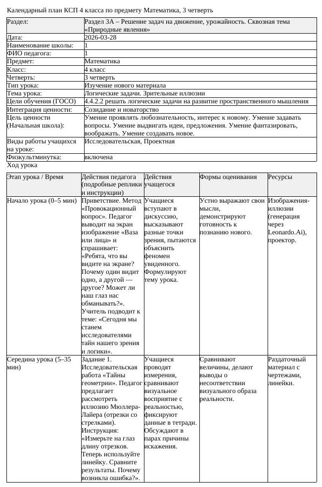 КСП Математика 4 класс 3 четверть Логические задачи Зрительные иллюзии