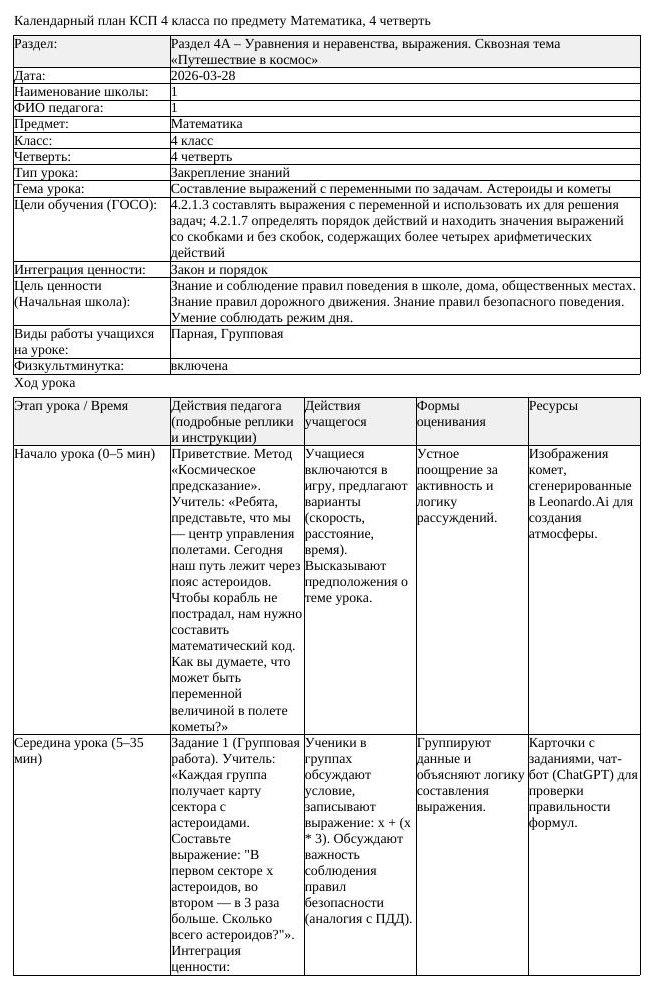 КСП Математика 4 класс 4 четверть Составление выражений с переменными (урок 1)