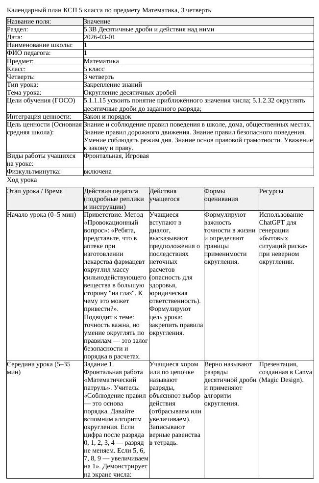 КСП Математика 5 класс 3 четверть Округление десятичных дробей (урок 2)
