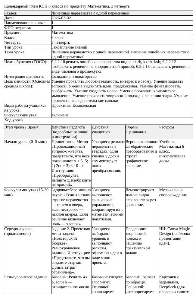 КСП Математика 6 класс 3 четверть Линейное неравенство с одной переменной (урок 1)