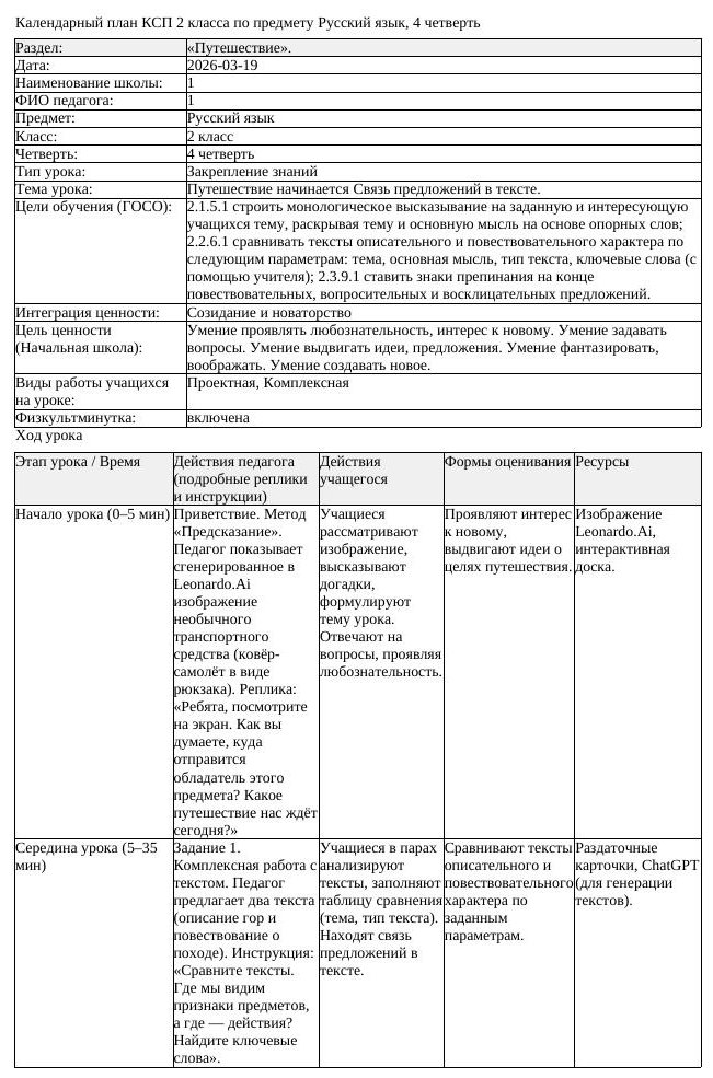 КСП Русский язык 2 класс 4 четверть Путешествие начинается Связь (урок 2)