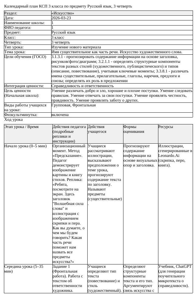 КСП Русский язык 3 класс 3 четверть Имя существительное как часть (урок 1)