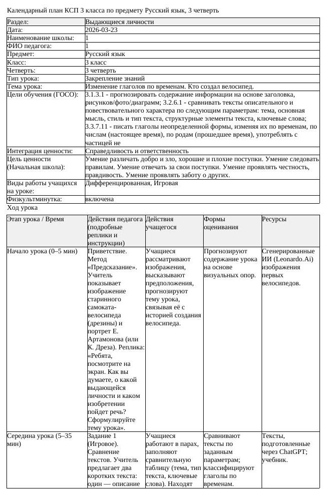 КСП Русский язык 3 класс 3 четверть Изменение глаголов по временам (урок 1)