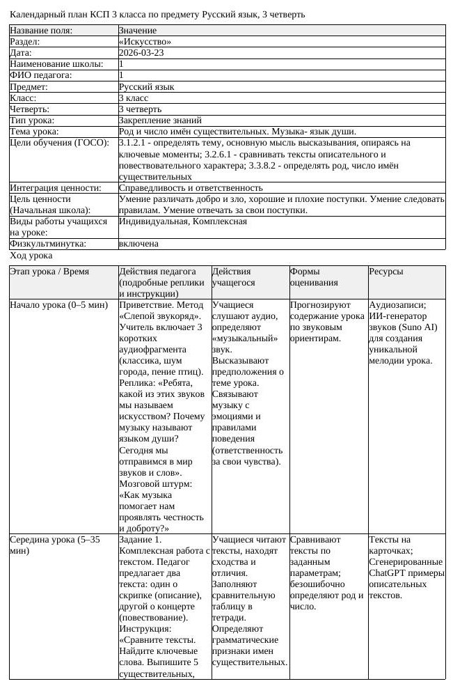 КСП Русский язык 3 класс 3 четверть Род и число имён существительных (урок 2)