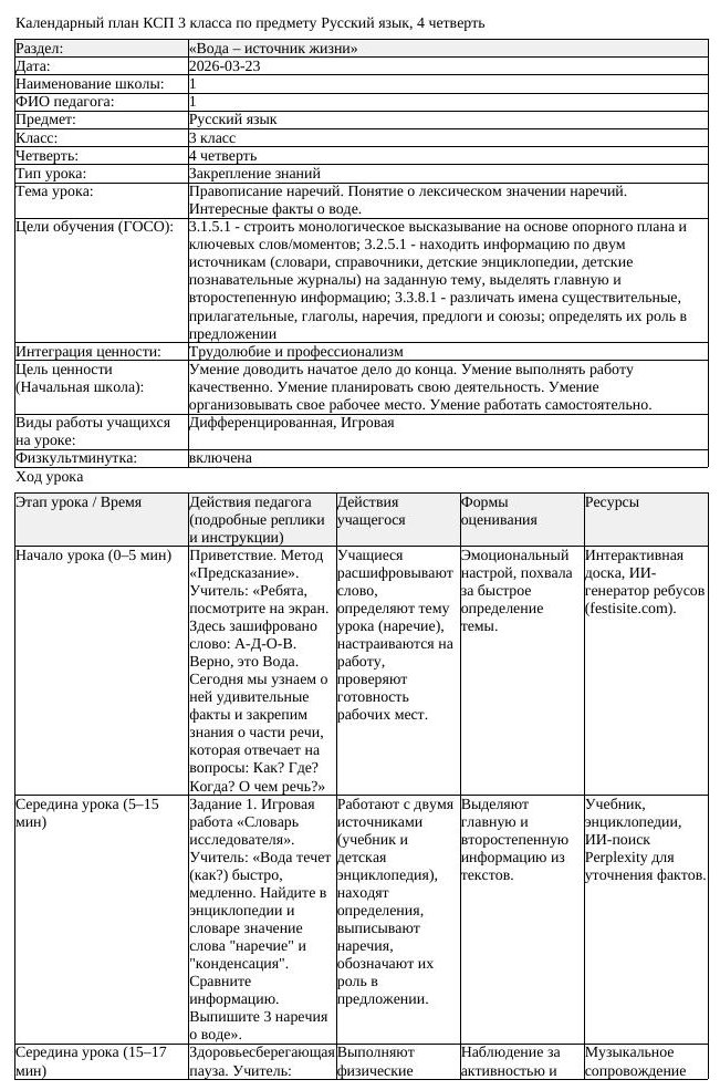 КСП Русский язык 3 класс 4 четверть Правописание наречий Понятие (урок 1)